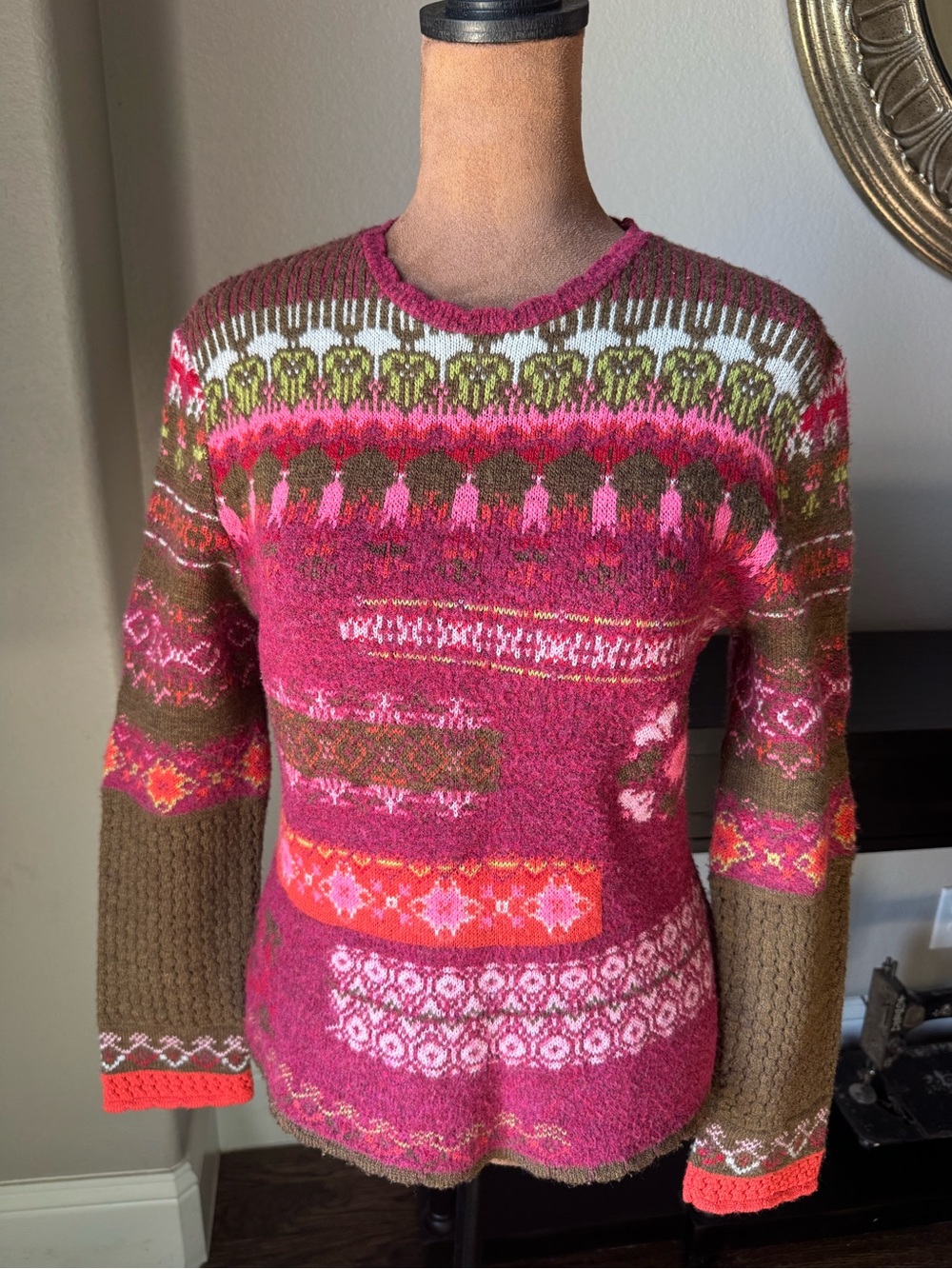 Oilily Italy Wool Blend Fair Isle Sweater L Pink Nordic Boho Fuzzy Knit Pullover